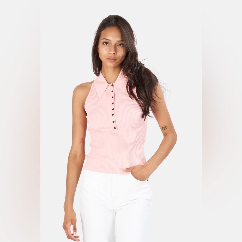 A.L.C. Pink Ribbed Knit Collared Tank Top Button Front Sleeveless Size XS